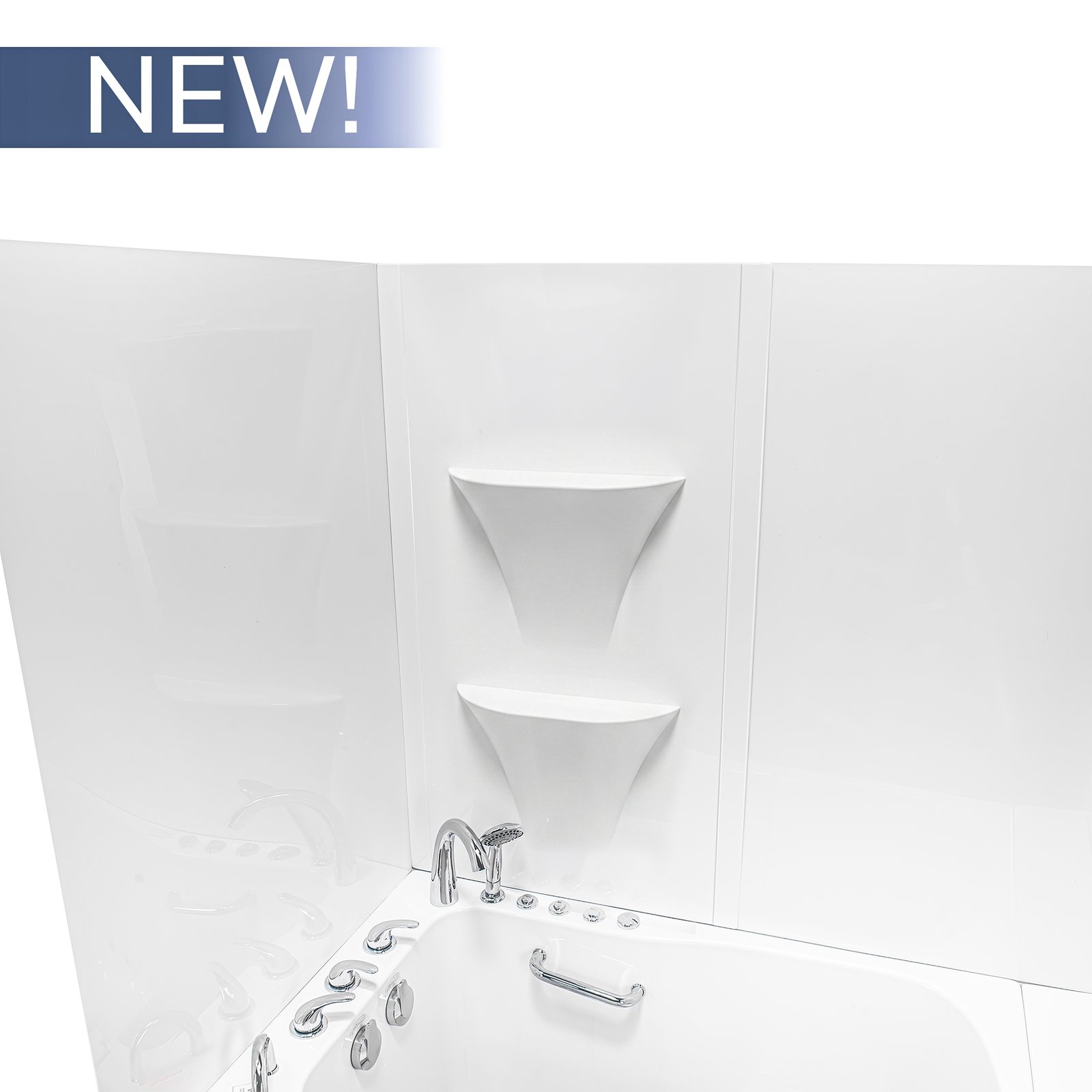 Close-up of corner shelves on a new white Ella's Bubbles acrylic shower wall kit above a jetted walk-in tub