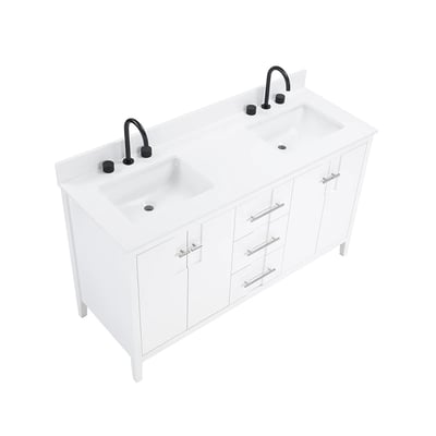 Meuble-lavabo de salle de bains moderne Florence sur pied avec plan en quartz blanc massif -