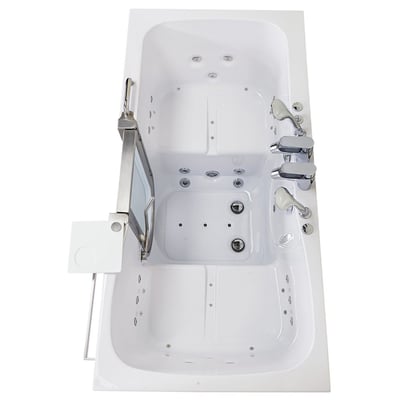 Overhead view of Ella Escape two-seat walk-in tub showing dual air and hydro massage jets, chrome faucets, and outward swing door with tray