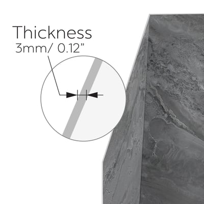 Close-up diagram showing 3mm shower wall panel thickness with Bardiglio marble gray stone finish for accessible showers