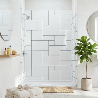 Kit de pared de ducha de acrílico Ella QuadQuilt de 3 piezas con diseño de patrón de azulejo blanco y alcachofa de ducha Moen cromada