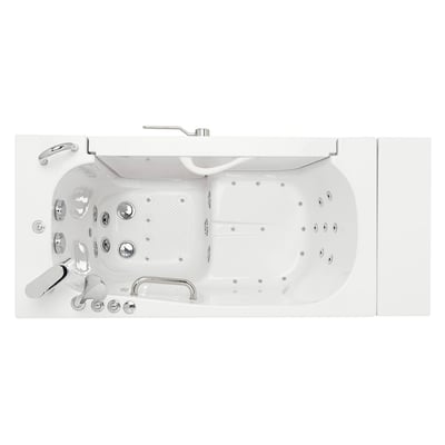 Overhead view of the Ella Transfer 26 walk-in tub showing dual hydro and air jet system, anti-slip seat, grab bars, and chrome faucet controls