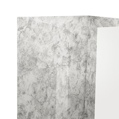 Close-up corner view of limestone-patterned acrylic panel shower walls with gray veining detail
