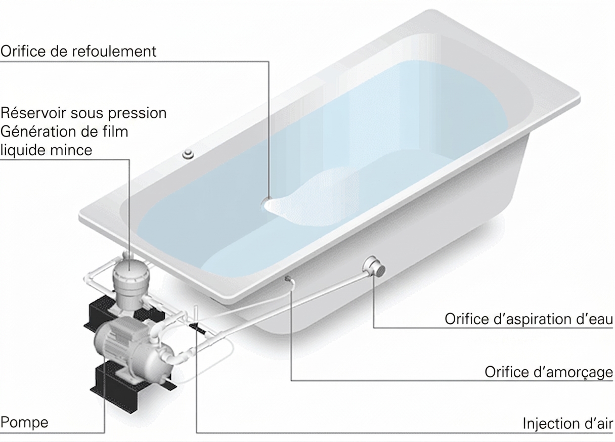 Schéma annoté du système de thérapie aux microbulles pour baignoire à porte Ella, montrant la pompe, le réservoir sous pression, l'injection d'air et les orifices d'aspiration d'eau