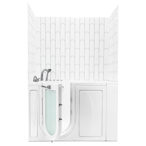 Bamboo arch pattern CNC engraved wall surround kit in white behind a compact Ella walk in tub with hand shower