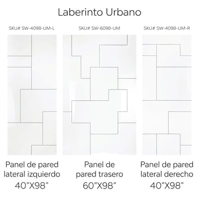 Juego de paneles de pared de ducha de acrílico Urban Maze que muestra la disposición de los paneles izquierdo, posterior y derecho con diseño geométrico por CNC