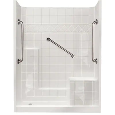 White Ella accessible shower stall with chrome grab bars, built-in bench seat, and diamond tile pattern walls