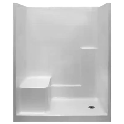 White Ella accessible shower stall with built-in left seat, side shelves, and low-threshold entry drain on white background