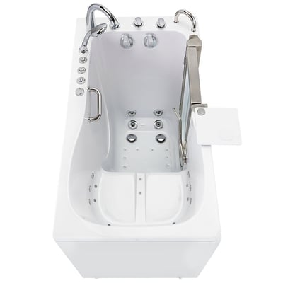 Vue de face de la baignoire à porte Ella Deluxe 30 × 55 avec jets hydro, barre d’appui, porte s’ouvrant vers l’extérieur et plateau latéral
