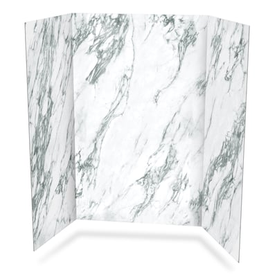 Three-panel walk-in tub or shower wall surround in Verde Alpi Light marble pattern with gray-green veining on white