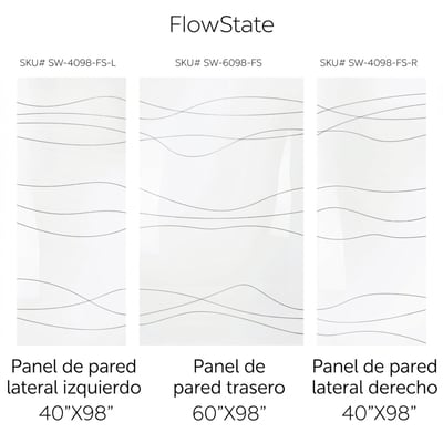 Conjunto de paneles de pared de ducha de acrílico QuadQuilt que muestra la disposición de los paneles izquierdo, trasero y derecho con diseño de patrón de azulejo