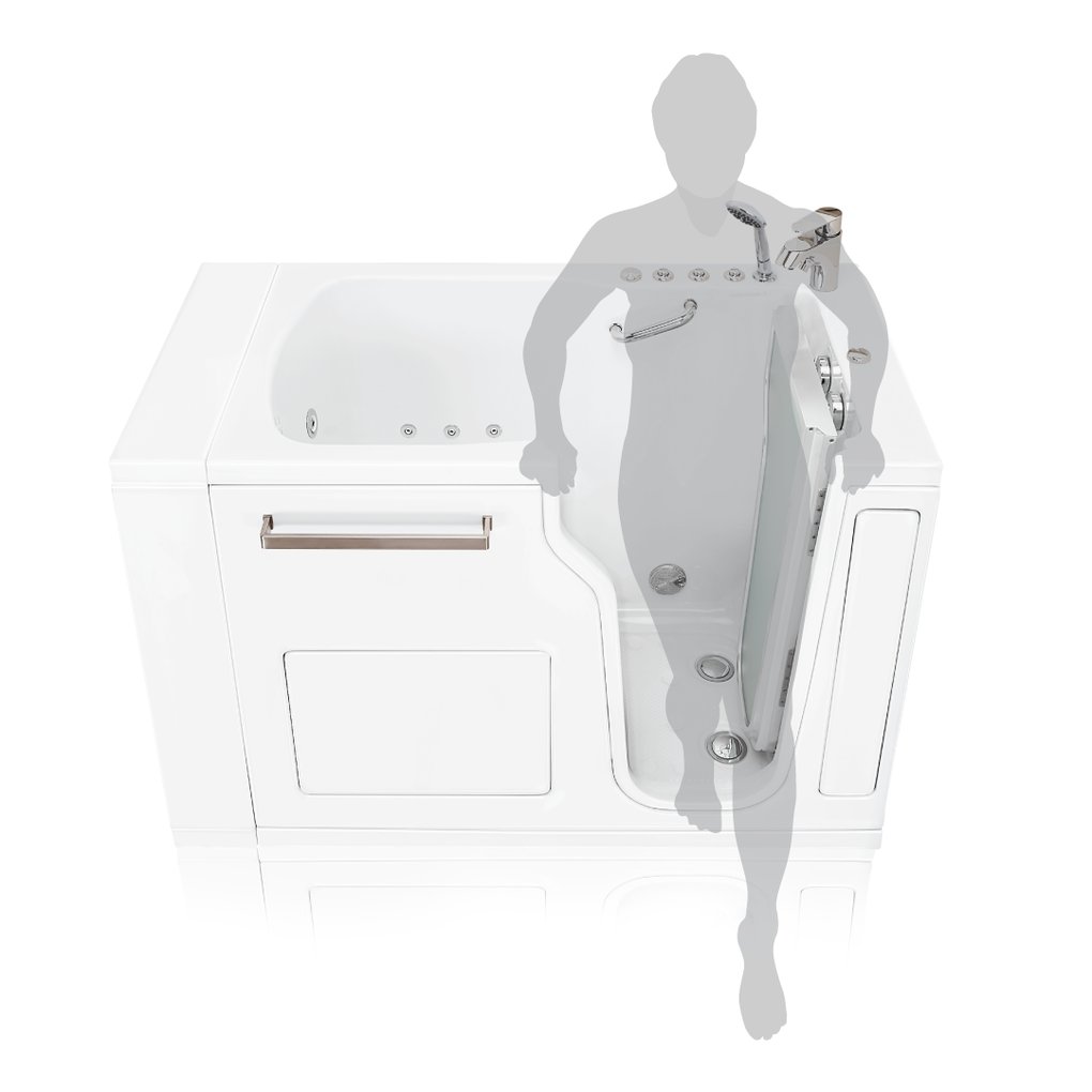 Silhouette figure stepping into an Ella walk-in tub showing the outward swing door, grab bar, and hydrotherapy jets