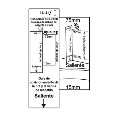 Diagrama técnico que muestra la guía de posicionamiento de la tira y del cordón de respaldo para el reborde para azulejos de la bañera con puerta Ella con medidas etiquetadas del saliente y de la línea de pliegue.