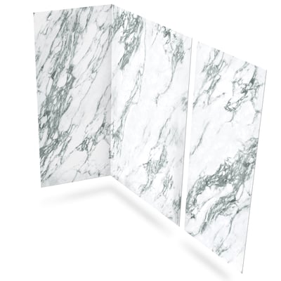 Three white and gray veined Verde Alpi Light marble-look shower wall panels arranged in a lateral corner configuration