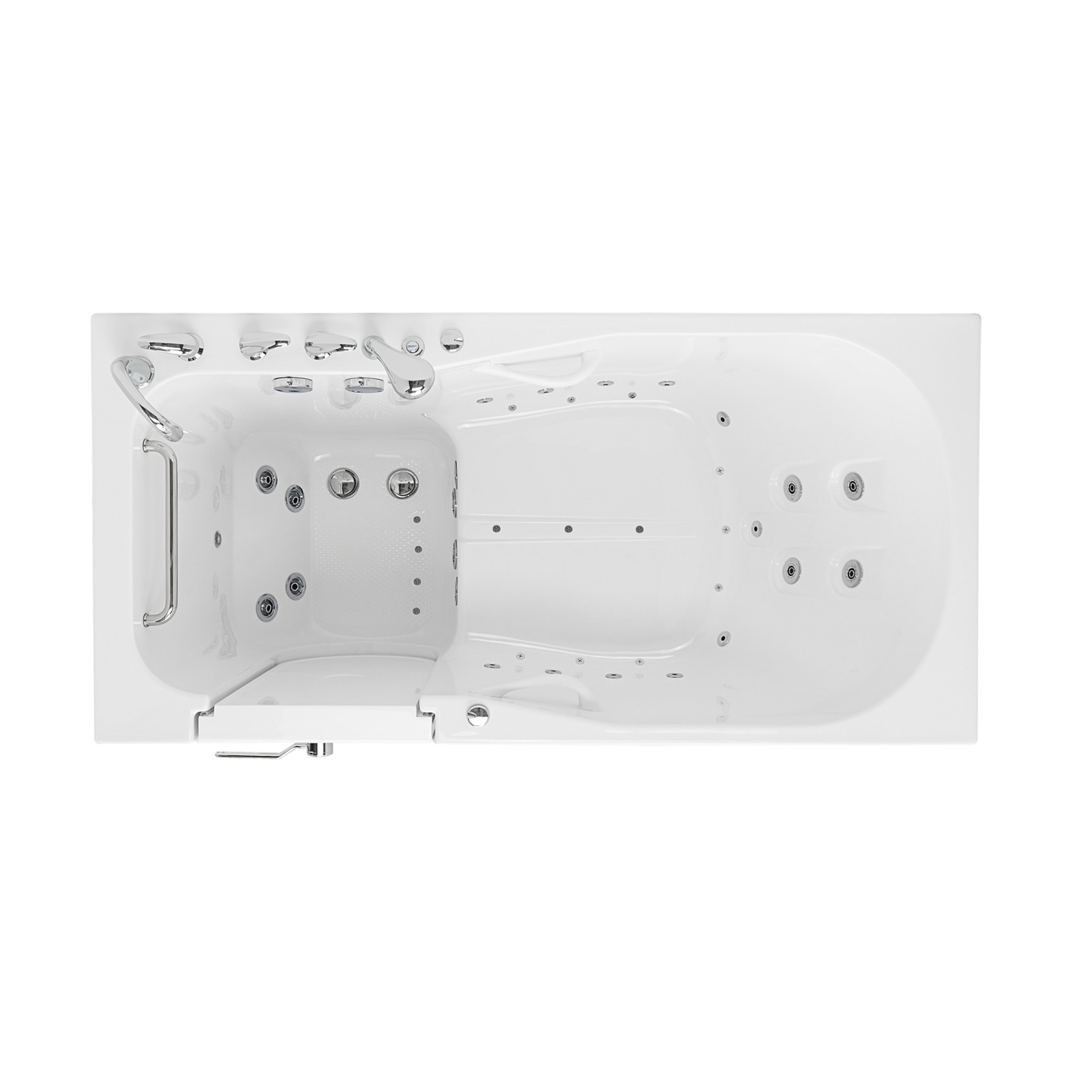 Overhead view of the Ella ShaK 36 by 72 inch walk-in tub, the largest single-seat model, with its outward swing door