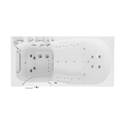Overhead view of the Ella walk-in tub 36x72 with outward swing door, hydro and air jets, grab bars, and contoured seat