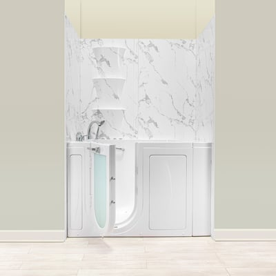Ella walk-in tub with open door installed against 6-piece Carrara acrylic shower wall panels with built-in corner shelves
