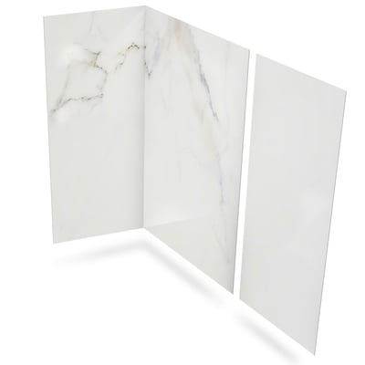 Three-panel Calacatta Chic walk-in shower wall surround kit with white marble veining pattern on display