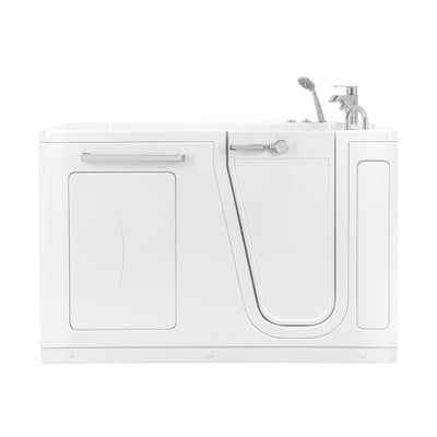 Front view of Ella Zen 60 white acrylic walk-in tub with right-side inward swing door, chrome faucet, and handheld shower