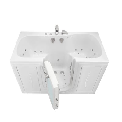 Front view of Ella Tub4Two walk-in tub with outward swing door open, showing hydro and air massage jets and chrome faucet