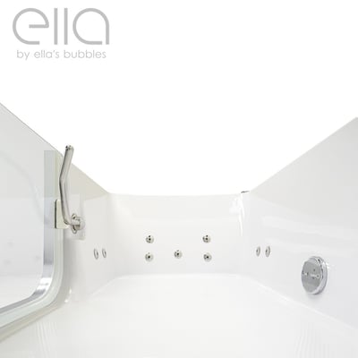 Vue intérieure d’une baignoire à porte allongée Ella montrant les jets hydro, la barre d’appui, le fond antidérapant et le haut-parleur intégré