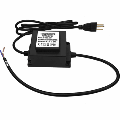 Black IP68-rated AC/AC transformer adapter 110V with power cord and output wires for walk-in tub systems