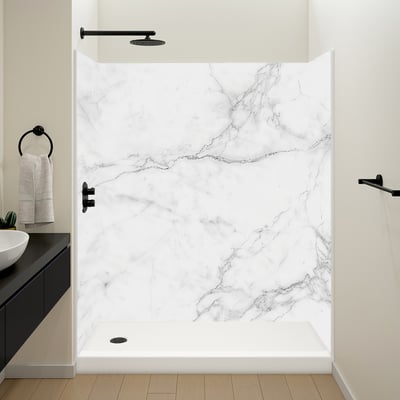 Ella accessible shower stall with Calacatta Vena marble-look wall panels, black rain shower head, and low-threshold base