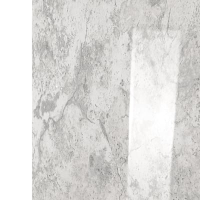 Close-up of limestone-patterned acrylic shower wall panel with gray veining and glossy finish for walk-in showers