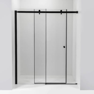 Porte de douche coulissante en verre trempé Ella Primo avec cadre et quincaillerie noir mat sur fond blanc