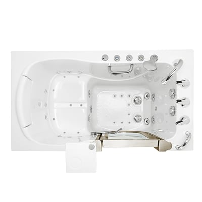 Overhead view of the Ella Elite 30x52 walk-in tub showing hydro jets, anti-slip floor, grab bars, and chrome controls