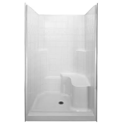 White Ella accessible shower stall with built-in corner seat, tile-pattern walls, and center floor drain