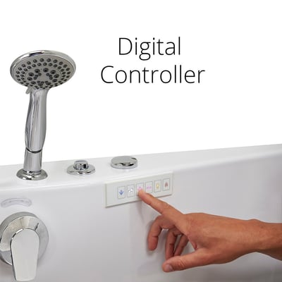 Hand pressing the digital controller panel buttons on the Ella Big4two walk-in tub with handheld showerhead nearby