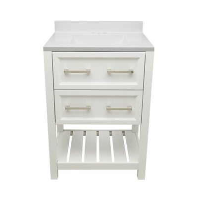 White Tremblant bathroom vanity with quartz stone top, two drawers, brushed nickel pulls, and open slatted bottom shelf