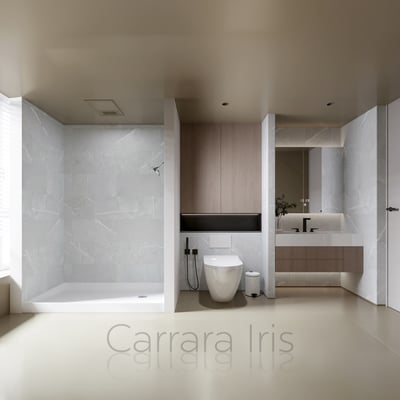 Ella Carrara Iris walk-in shower stall with marble-look wall panels in a modern accessible bathroom setting