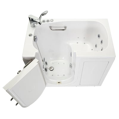 Ella Mobile walk-in tub with outward swing door open showing anti-slip floor, grab bar, hydro jets, and chrome faucet - top-down view