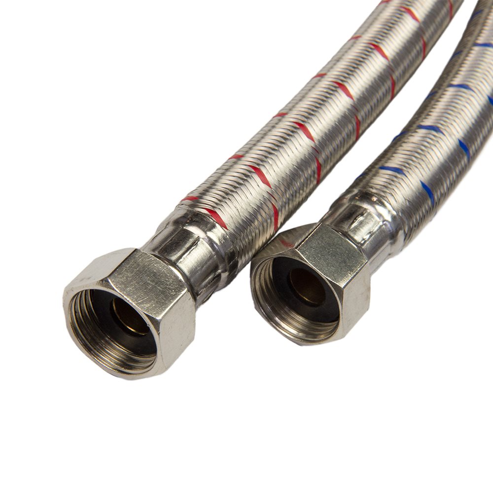 Two braided stainless steel hot and cold water supply lines with threaded fittings for an Ella walk-in tub faucet