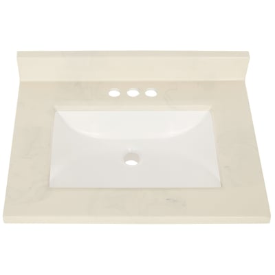 Cream marble-look quartz vanity top with integrated white rectangular sink basin and three faucet holes