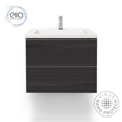 Meuble-lavabo de salle de bain mural Ella Ebony avec deux tiroirs, lavabo blanc et robinet chromé – certifié Virus Nano Protech