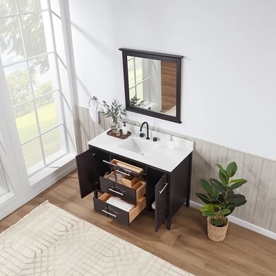 Meuble-lavabo de salle de bains moderne Florence sur pied avec plan en quartz blanc massif -