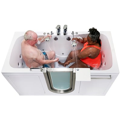 Two seniors bathing together using handheld showers in the Ella Escape two-seat walk-in tub with dual drain technology
