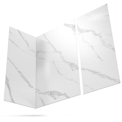 Three-panel Calacatta Lux shower wall surround kit with white marble-look finish and gray veining pattern