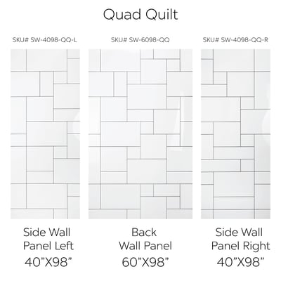 Conjunto de paneles de pared de ducha de acrílico QuadQuilt que muestra la disposición de los paneles izquierdo, trasero y derecho con diseño de patrón de azulejo