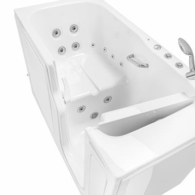 Overhead view of Ella walk-in tub interior showing hydro massage jets, contoured seat, grab bar, and open side entry door