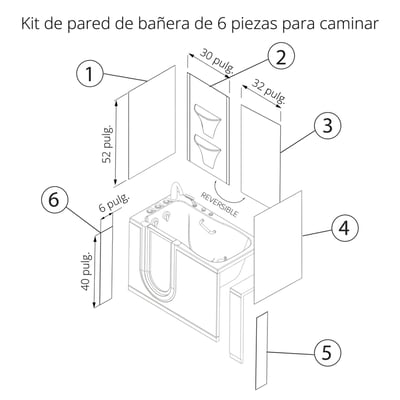 Revestimiento de pared de ducha de acrílico blanco de seis piezas Ella's Bubbles con estantes de esquina, mostrado alrededor de una bañera con puerta
