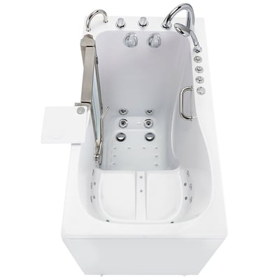 Vue de dessus d’une baignoire à porte Ella avec porte ouverte, jets hydro, tapis de sol antidérapant, barre d’appui et douchette à main