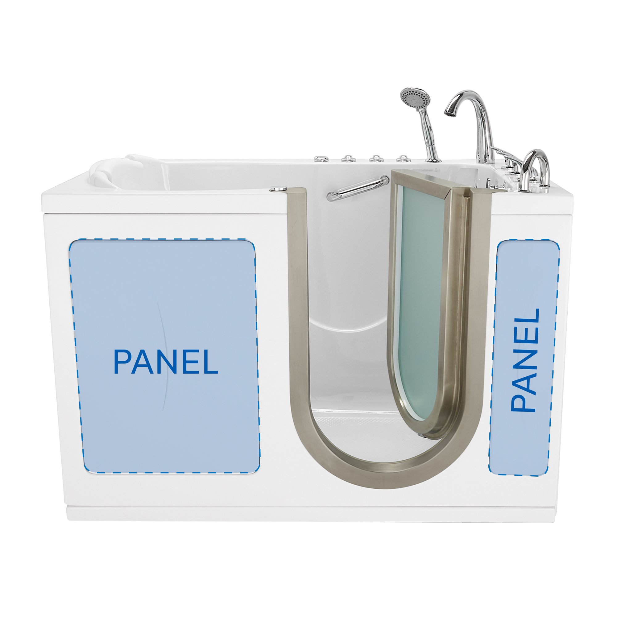 Ella walk-in tub with open door showing the labeled access panels on the front apron beside the door