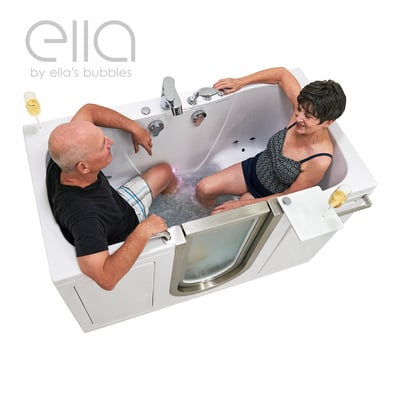 Senior couple relaxing together with wine glasses in the Ella Companion two-seat walk-in tub with hydrotherapy jets