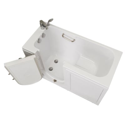 Bañera con puerta Ella lounger blanca con puerta de apertura hacia fuera abierta, asiento integrado, barra de apoyo y jets de hidromasaje
