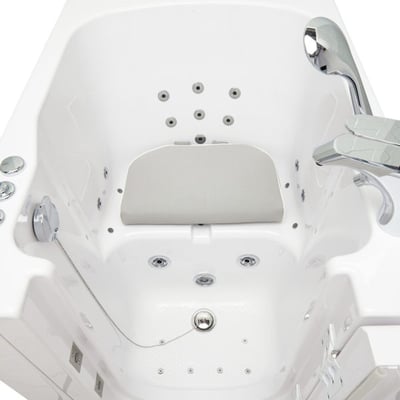 Interior view of an Ella walk-in tub showing the built-in seat riser, hydro jets, and chrome faucet fixtures