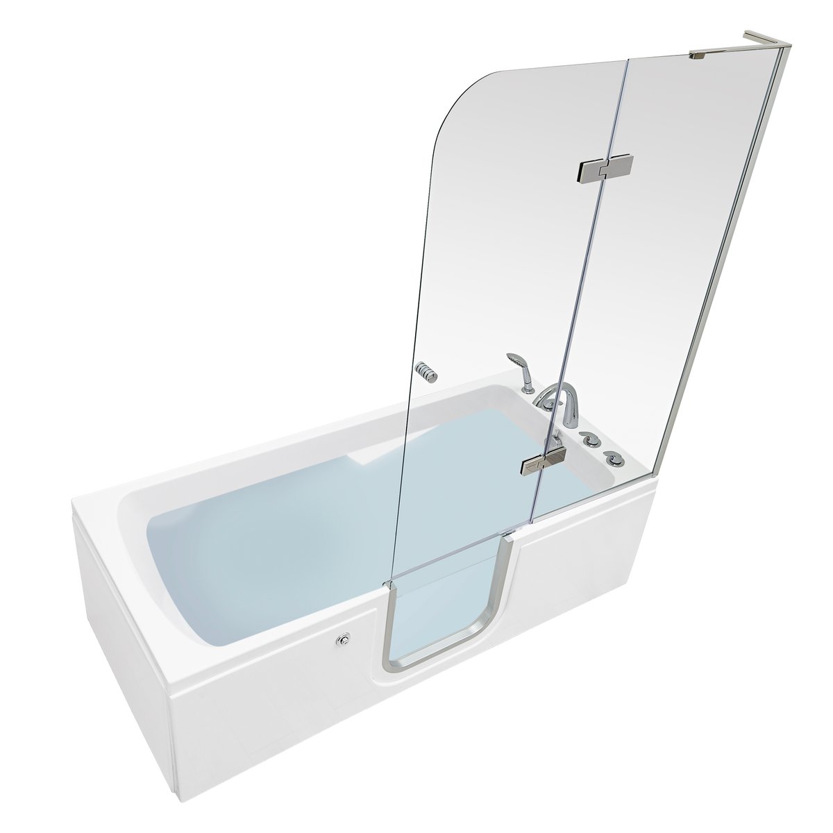 Bañera con puerta Ella LayDown de 32x72 con mampara de ducha plegable de cristal templado y juego de grifería de cubierta en cromo